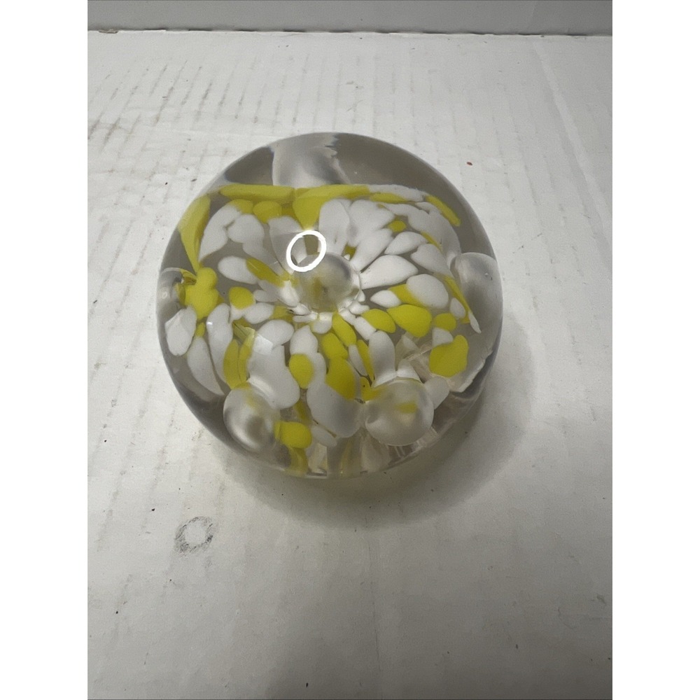 Vintage Yellow & White Art Glass Paperweight Hand Blown Glass
